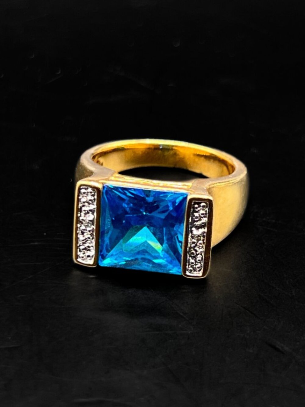 Faux Blue Topax and Gold-Plated Sterling Silver Statement Ring Size 7 in Box
